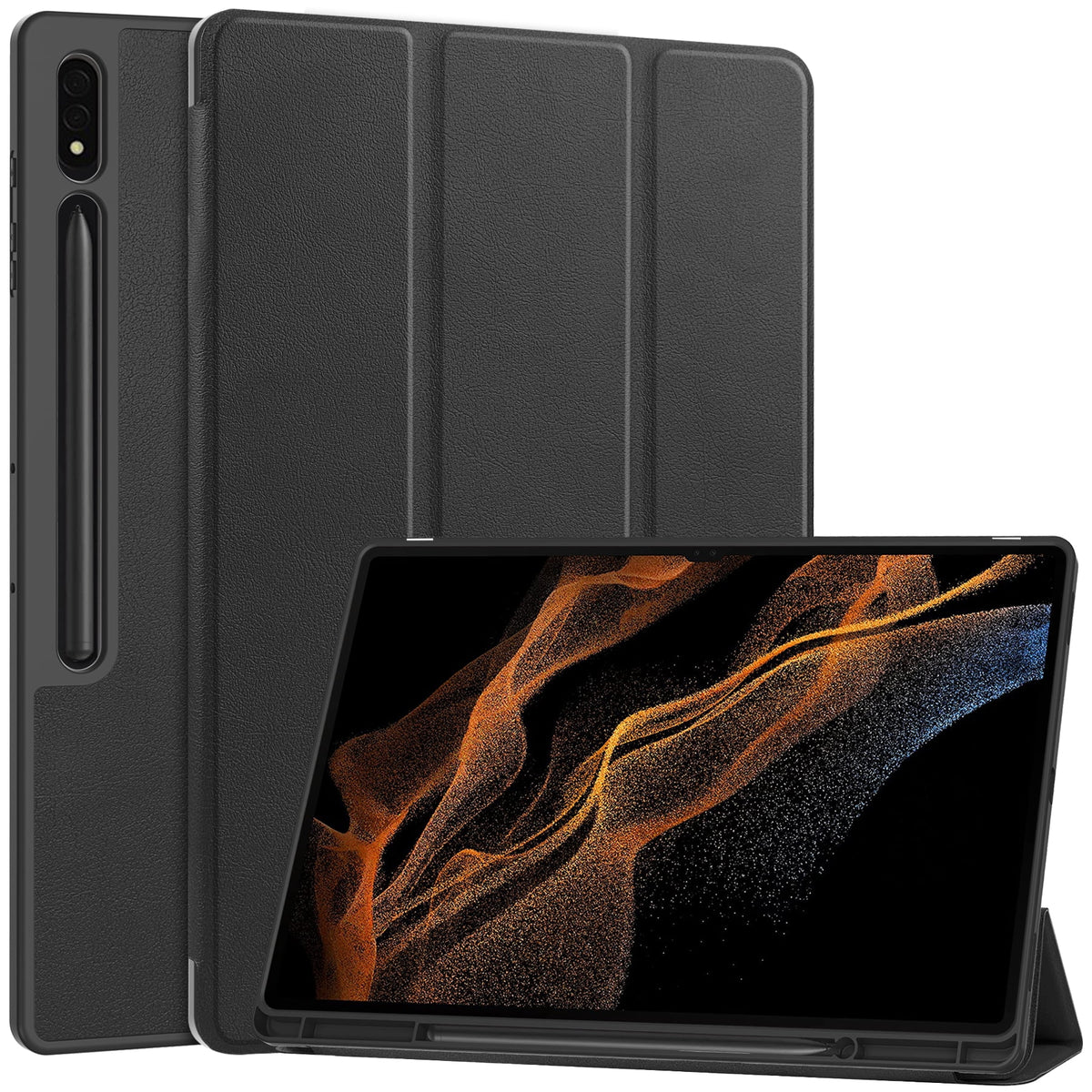 Black Slim Tri-Fold Folio Stand Leather Tablet Cover with Auto Wake Sleep R4406