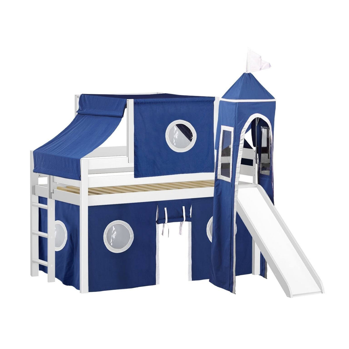 Low Loft Twin Bed with Slide and Tent and Tower, Gray U5209