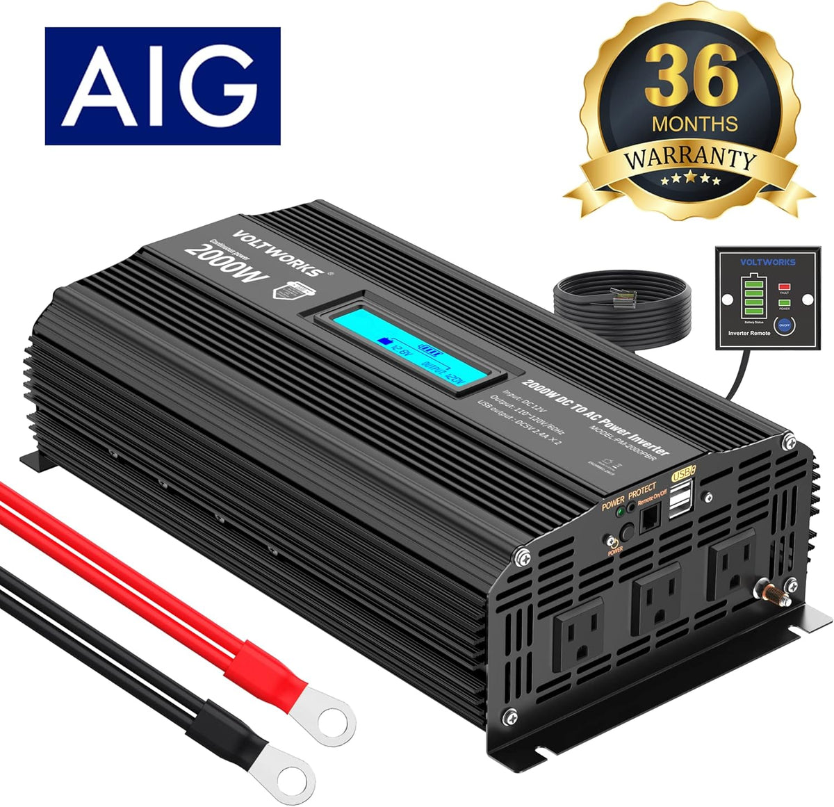 2000W Modified Sine Wave Power Inverter with LCD Display Remote Control 3 AC Outlets Dual USB Ports H669235