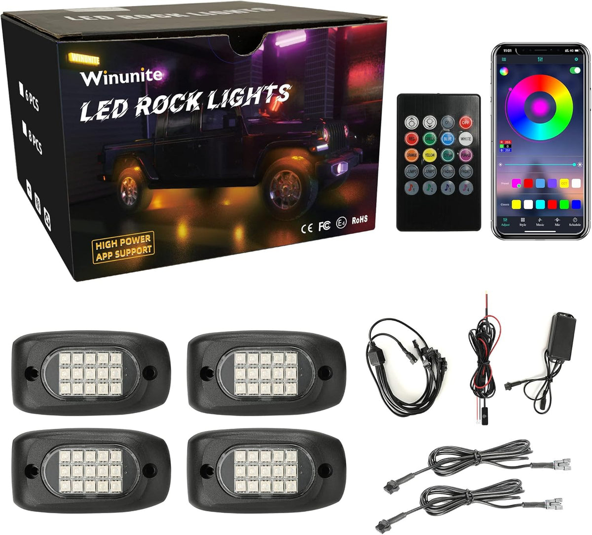 4 Pods RGB LED Rock Lights with Wires, 60LEDs Waterproof Music Mode R646