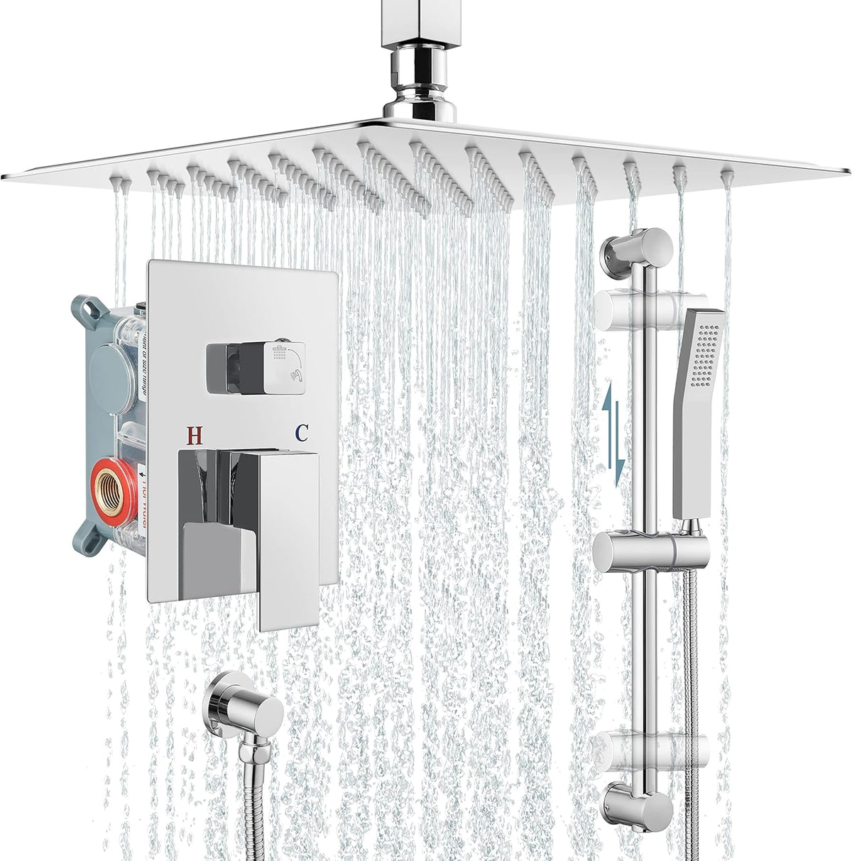 12 Inch Ceiling Mount Rain Shower Head Set with Slide Bar Handheld Spray P32785