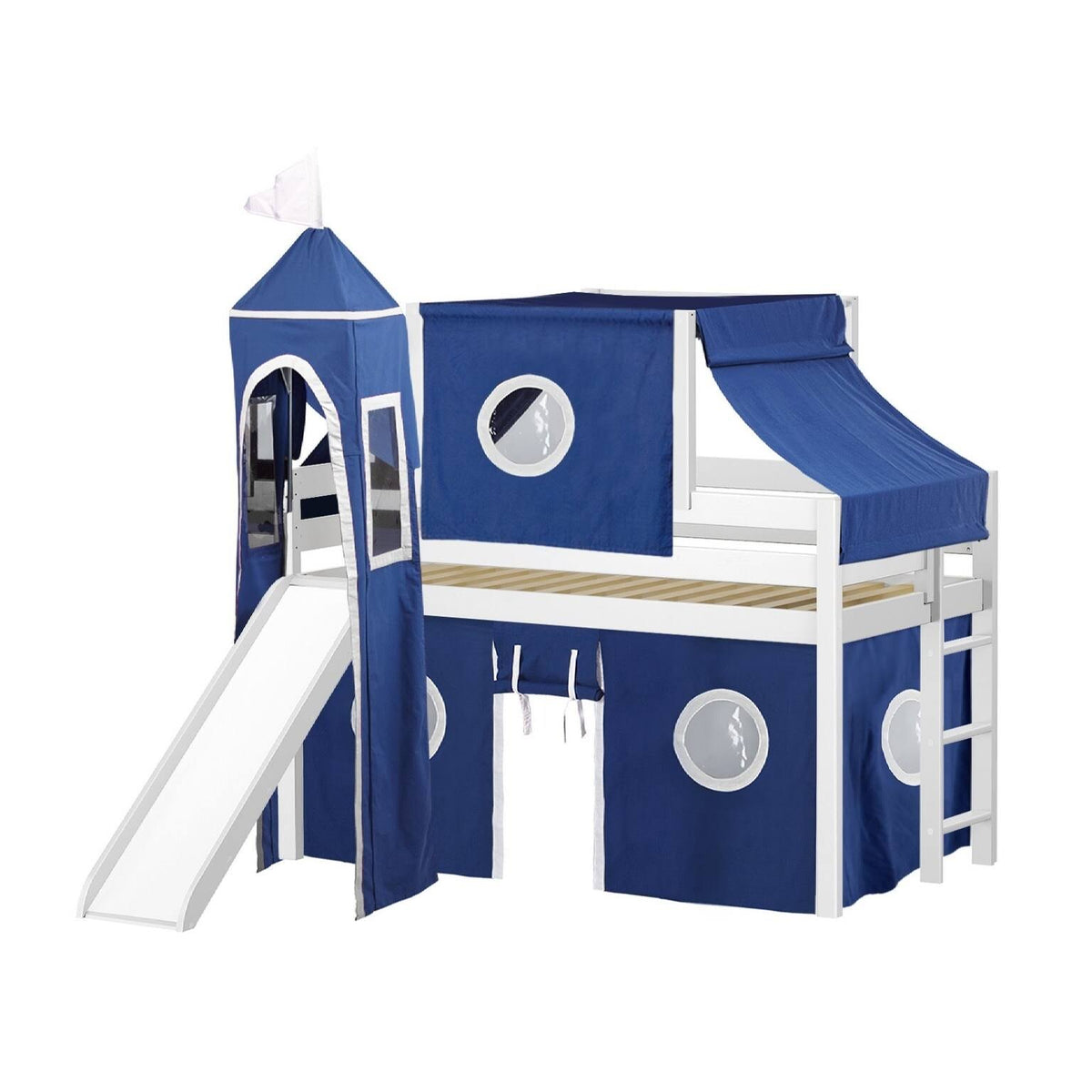 Low Loft Twin Bed with Slide and Tent and Tower, Gray U5209