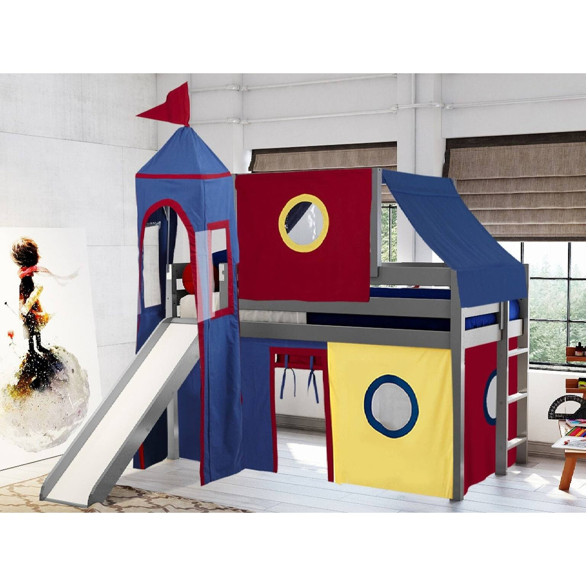 Low Loft Twin Bed with Slide and Tent and Tower, Gray U5209