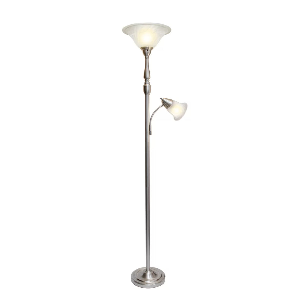 2 Light Torchiere Floor Lamp with White Marble Glass, Brushed Nickel R7991