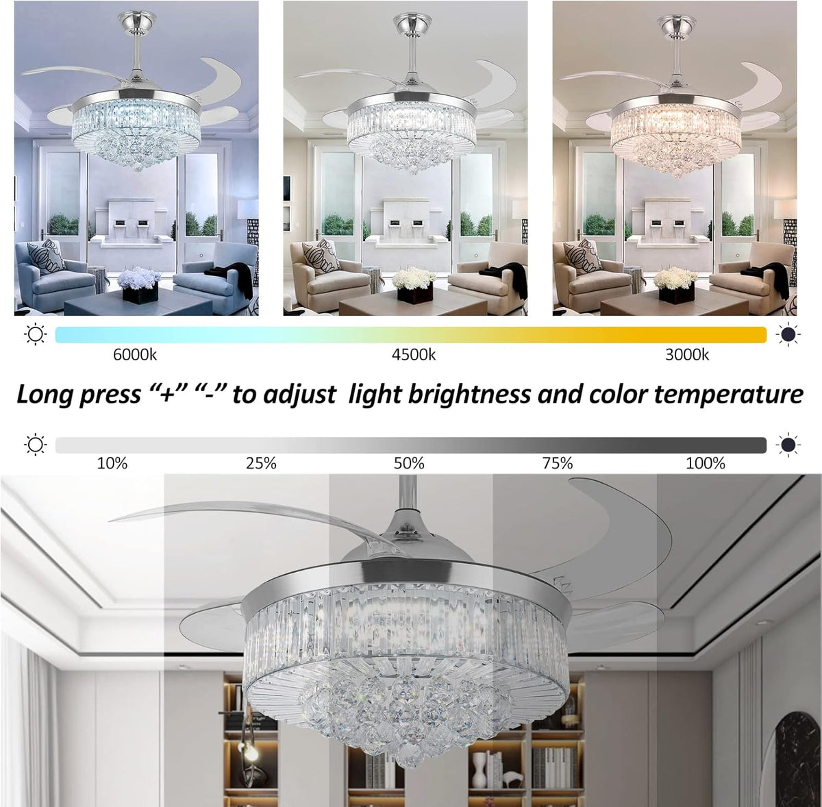 36 Inch Crystal Ceiling Fan with Lights, Remote Control Retractable Invisible Blades G394