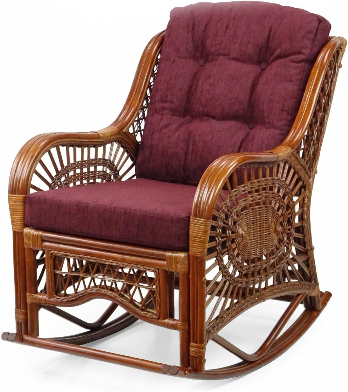 Natural Rattan Set of 2 Rocking Lounge Chairs with Dark Brown Cushions and Round Coffee Table with Glass D868743