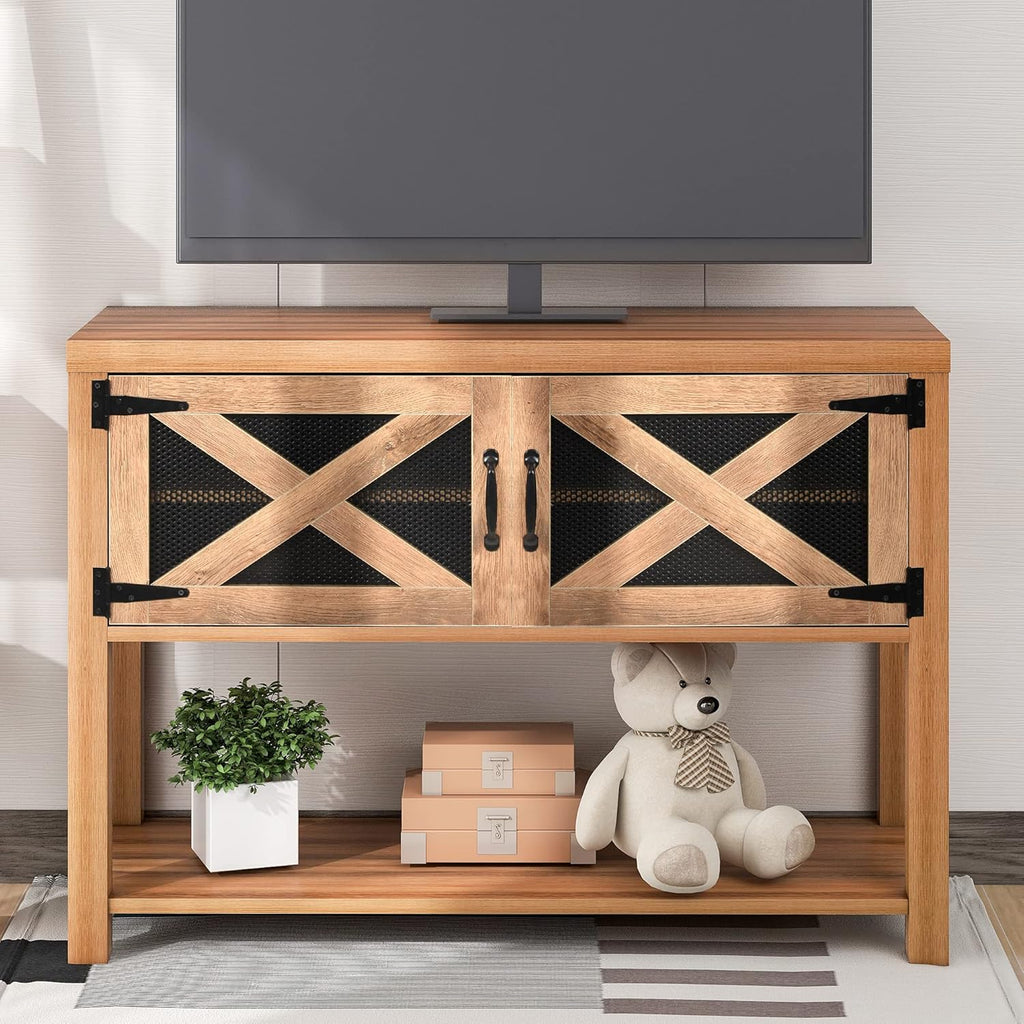 44 inch Rustic Console Table with Storage Cabinets and Bottom Shelf L8615