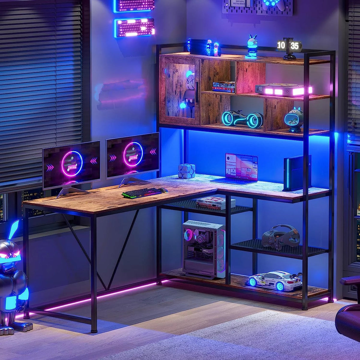 58" Brown L Shaped Gaming Desk with LED Lights and Bookshelf S60335