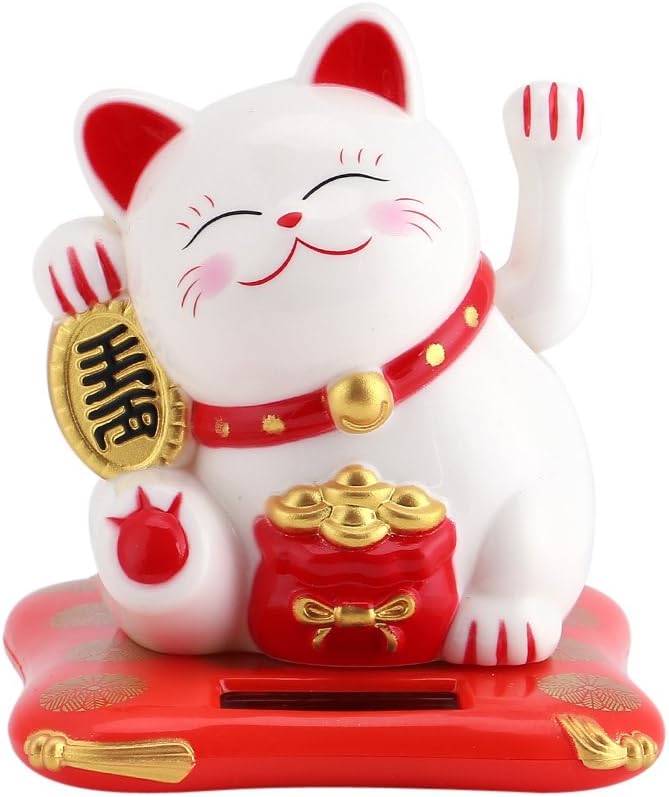 Solar Powered Waving Arm Lucky Cat White O8100