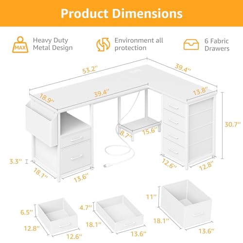 Black L Shaped Corner Computer Desk with 6 Fabric Drawers O69364
