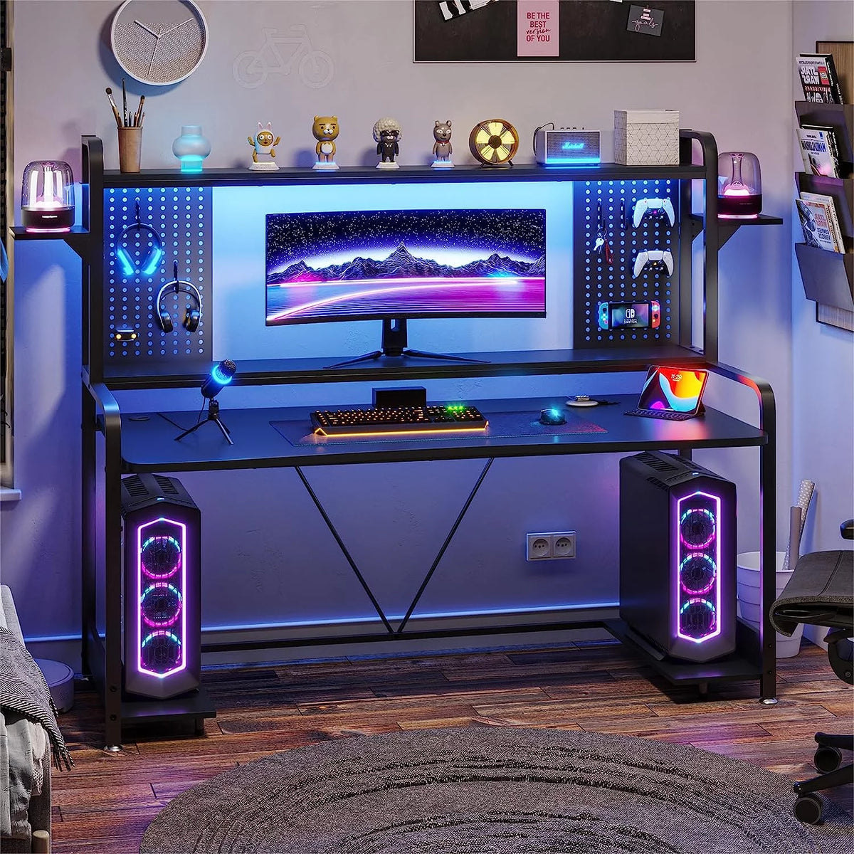 55" Gaming Desk with Hutch, Shelves, LED Lights, Pegboard and Monitor Shelf, Black B14768