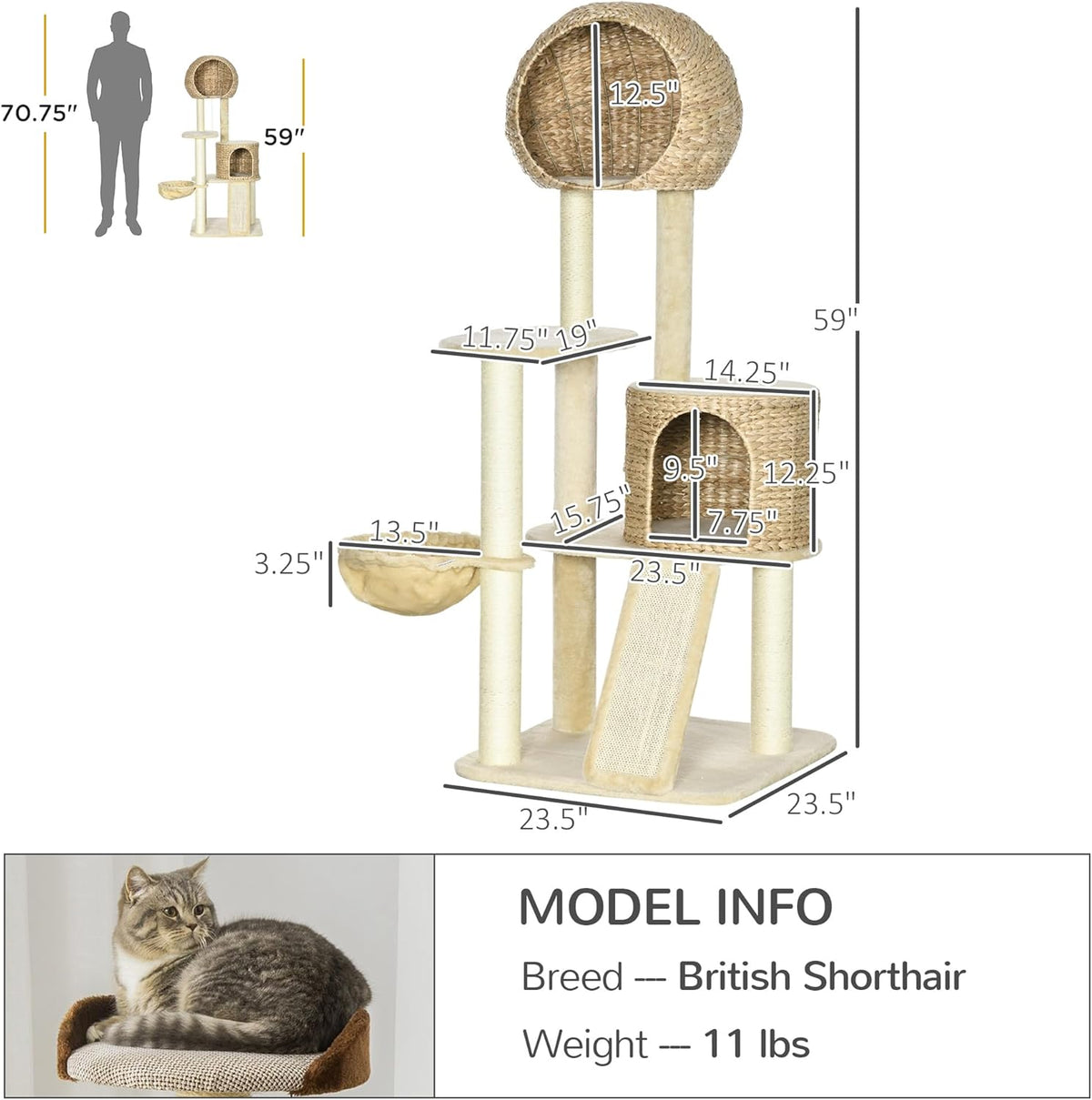 Beige Cat Tree with Cat Condo, Hammock, Perches, Scratching Posts, Ramp L95383
