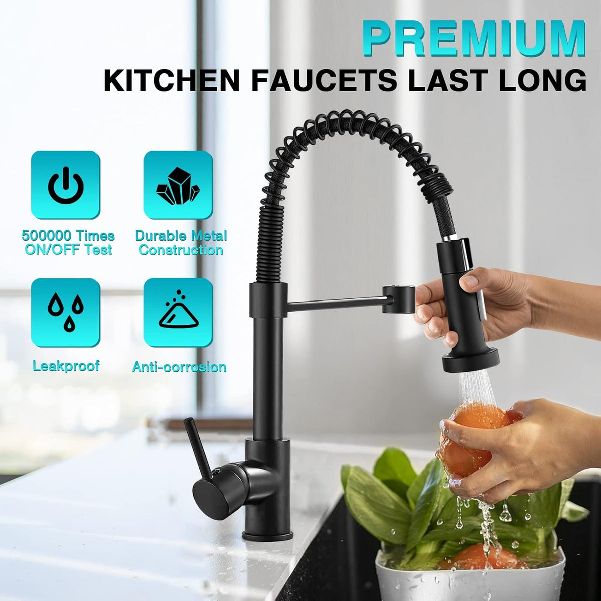 Matte Black 304 Stainless Steel Single Handle Spring Kitchen Sink Faucet with Pull Down Sprayer N425