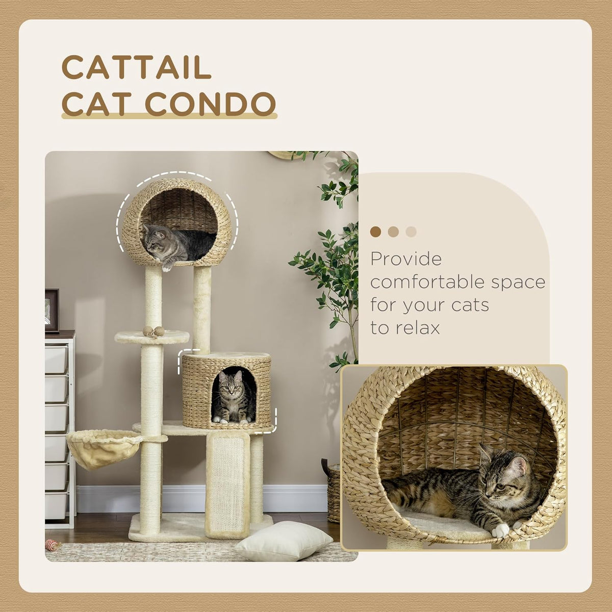 Beige Cat Tree with Cat Condo, Hammock, Perches, Scratching Posts, Ramp L95383