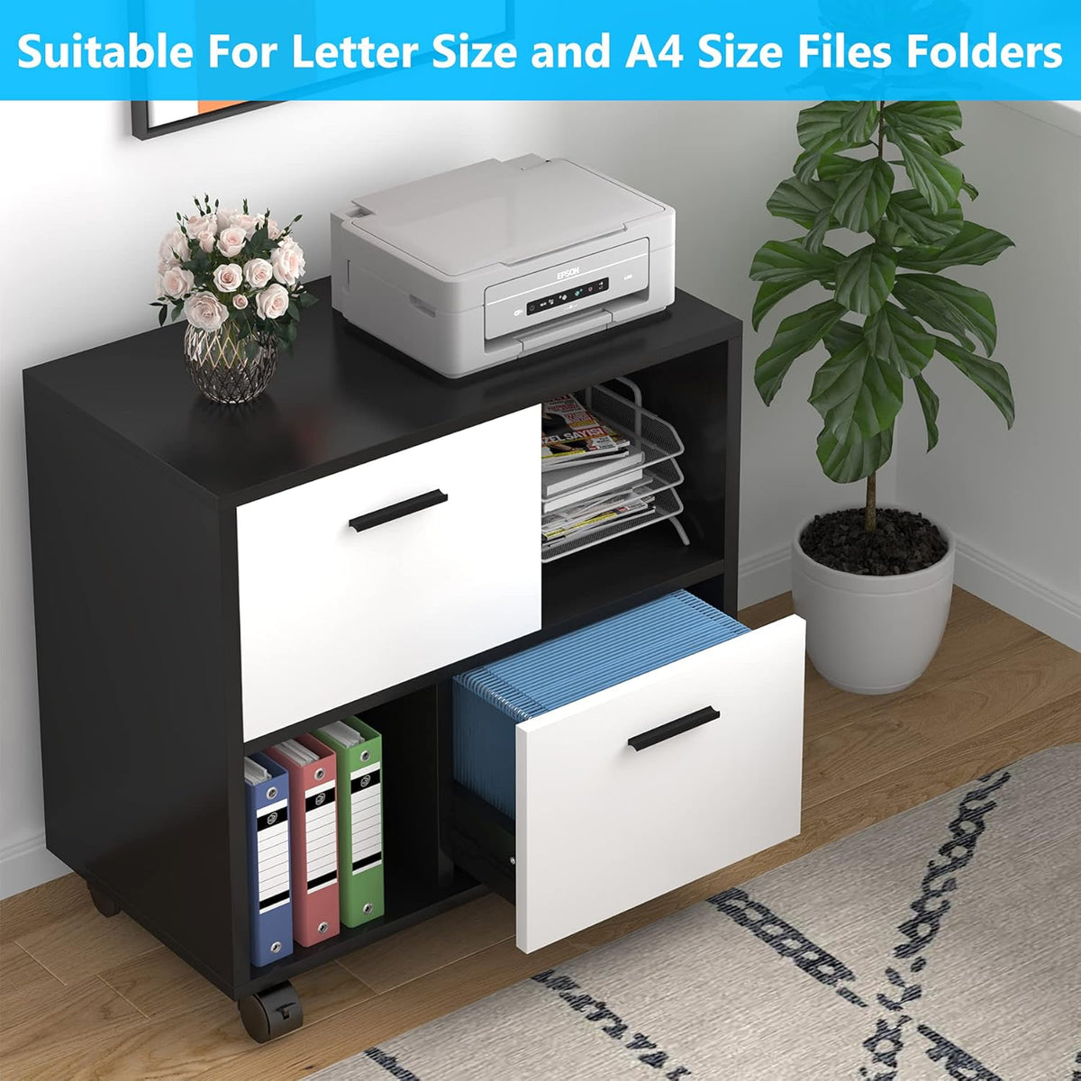 Black & White 2 Drawer Mobile File Cabinet with Wheels M6110