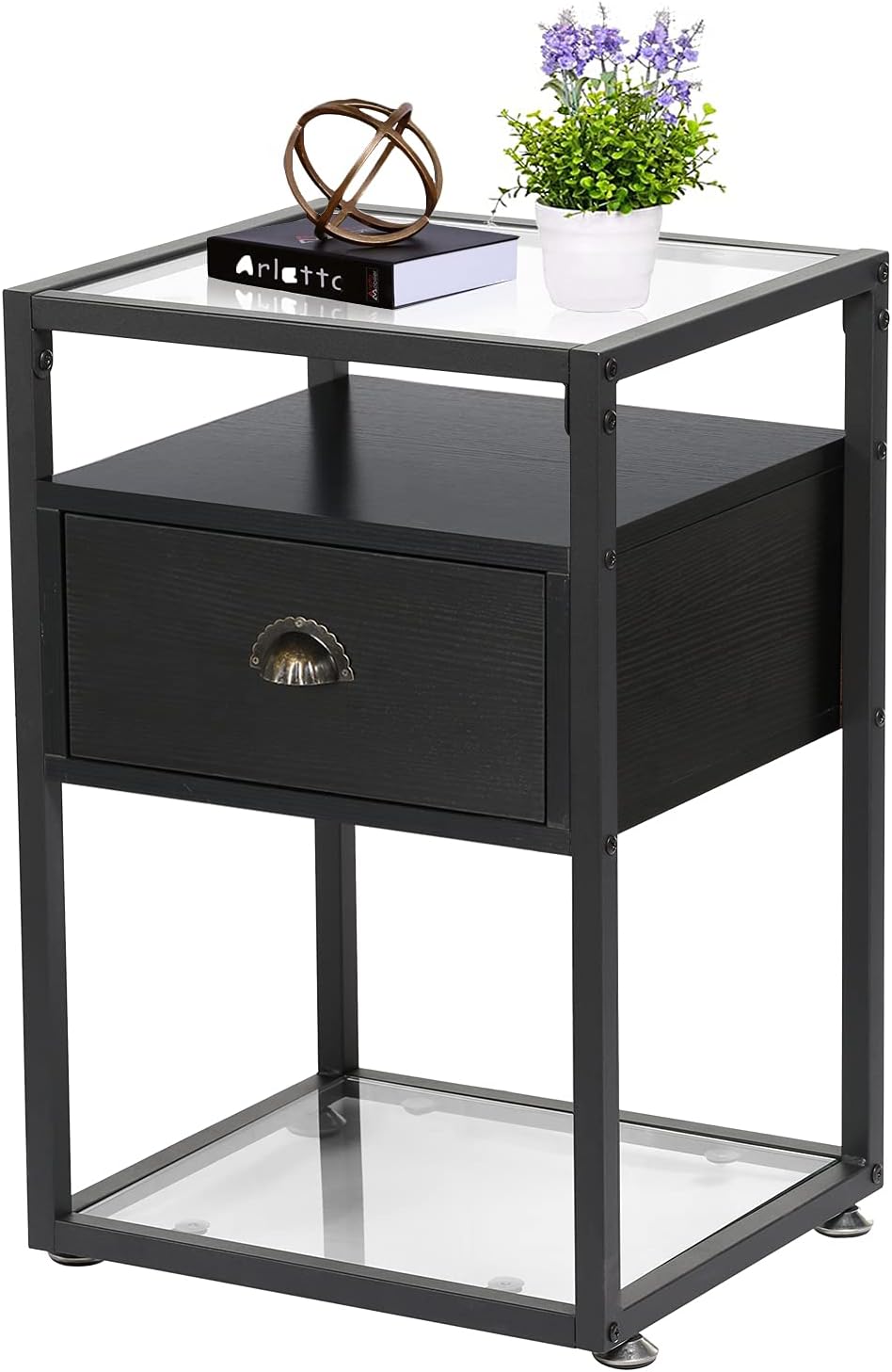 Black Side Table with Drawer and Shelf M9314