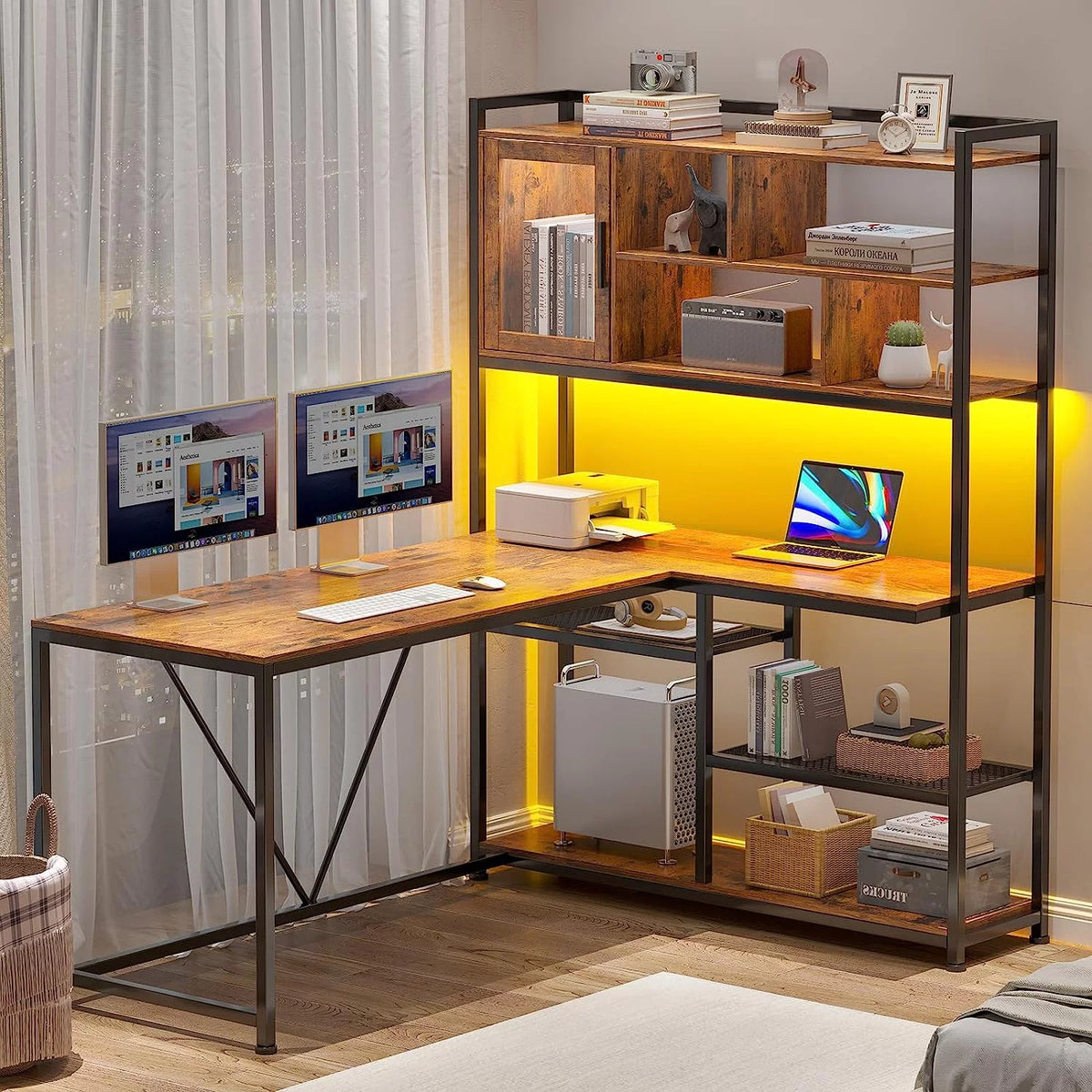 58" Brown L Shaped Gaming Desk with LED Lights and Bookshelf S60335
