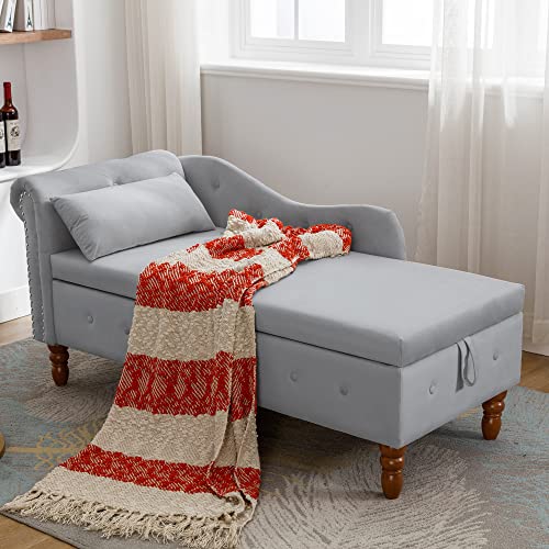 Gray Velvet Upholstered Lounge Chair with Storage and Pillow W202