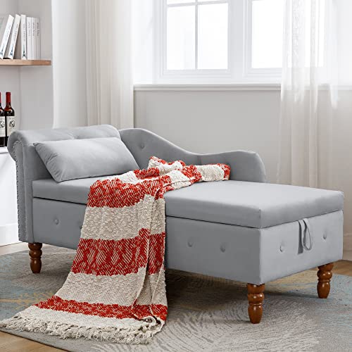 Gray Velvet Upholstered Lounge Chair with Storage and Pillow W202