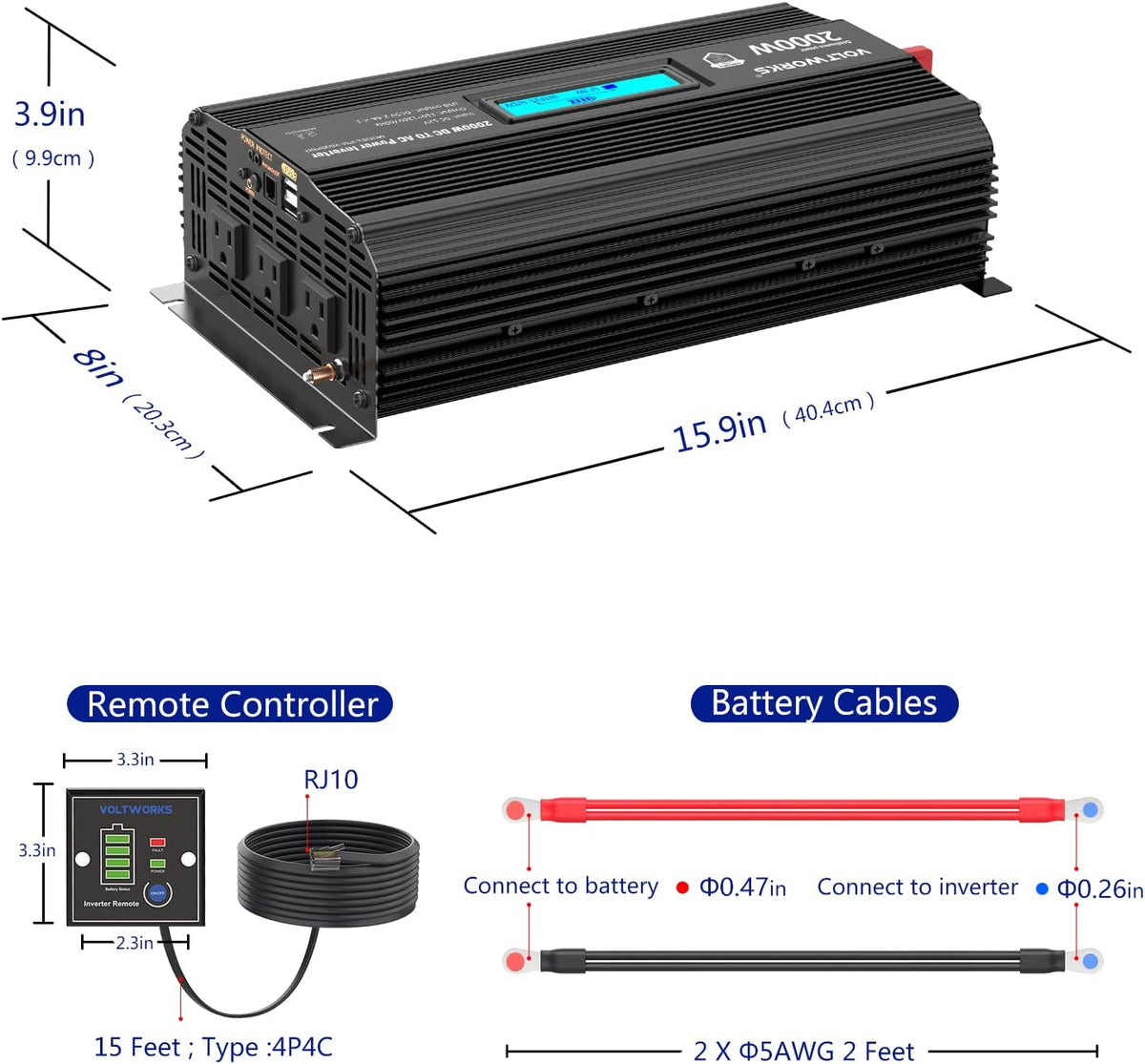 2000W Modified Sine Wave Power Inverter with LCD Display Remote Control 3 AC Outlets Dual USB Ports H669235