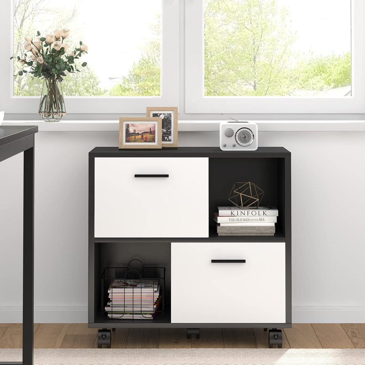 Black & White 2 Drawer Mobile File Cabinet with Wheels M6110