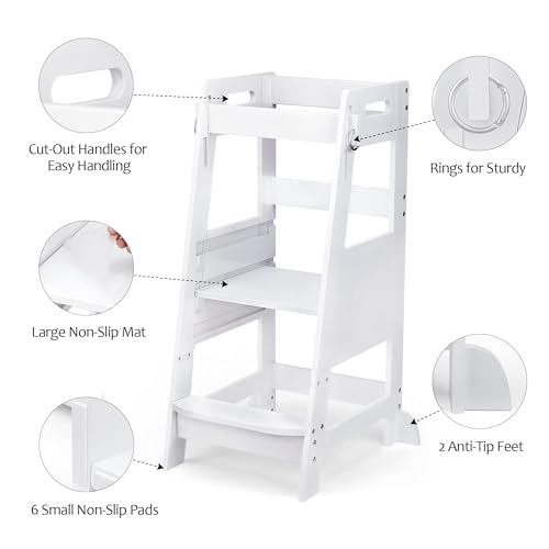 Bamboo Toddler Kitchen Step Stool White Height Adjustable with Anti-Slip Protection W4379