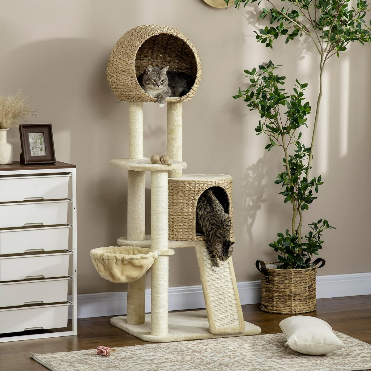 Beige Cat Tree with Cat Condo, Hammock, Perches, Scratching Posts, Ramp L95383