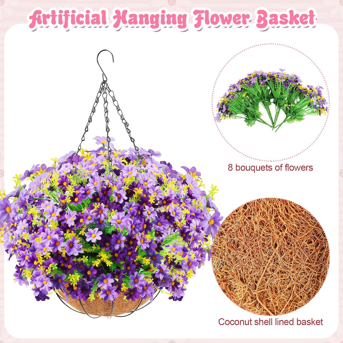 4 Pack Artificial Hanging Flowers in Basket with 12 Inch Coconut Lining T9594