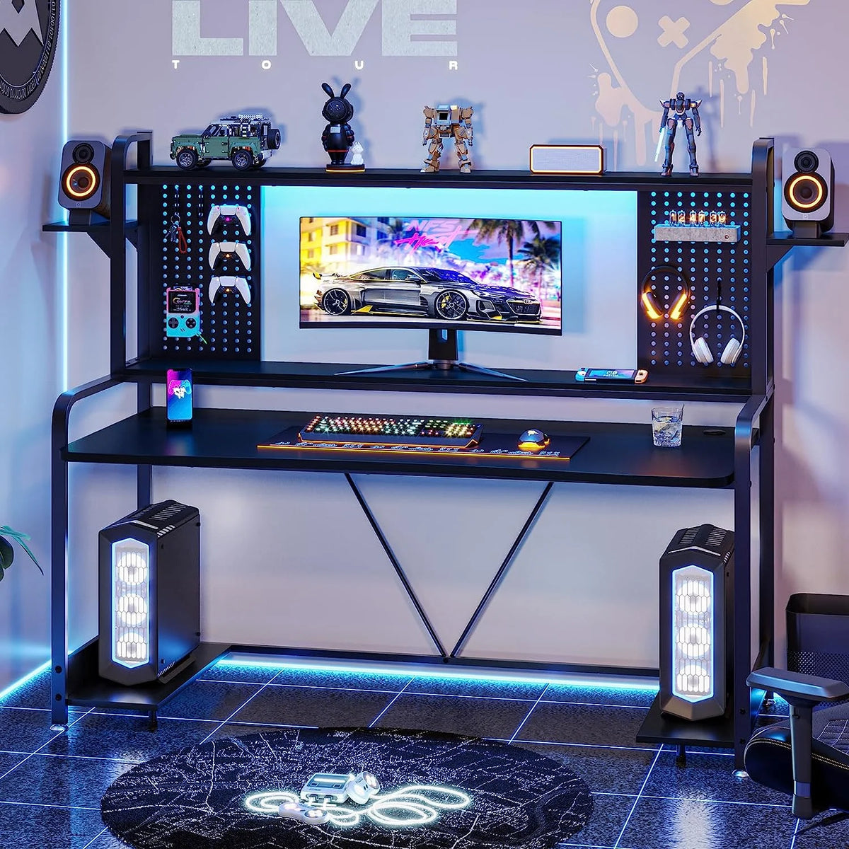 55" Gaming Desk with Hutch, Shelves, LED Lights, Pegboard and Monitor Shelf, Black B14768