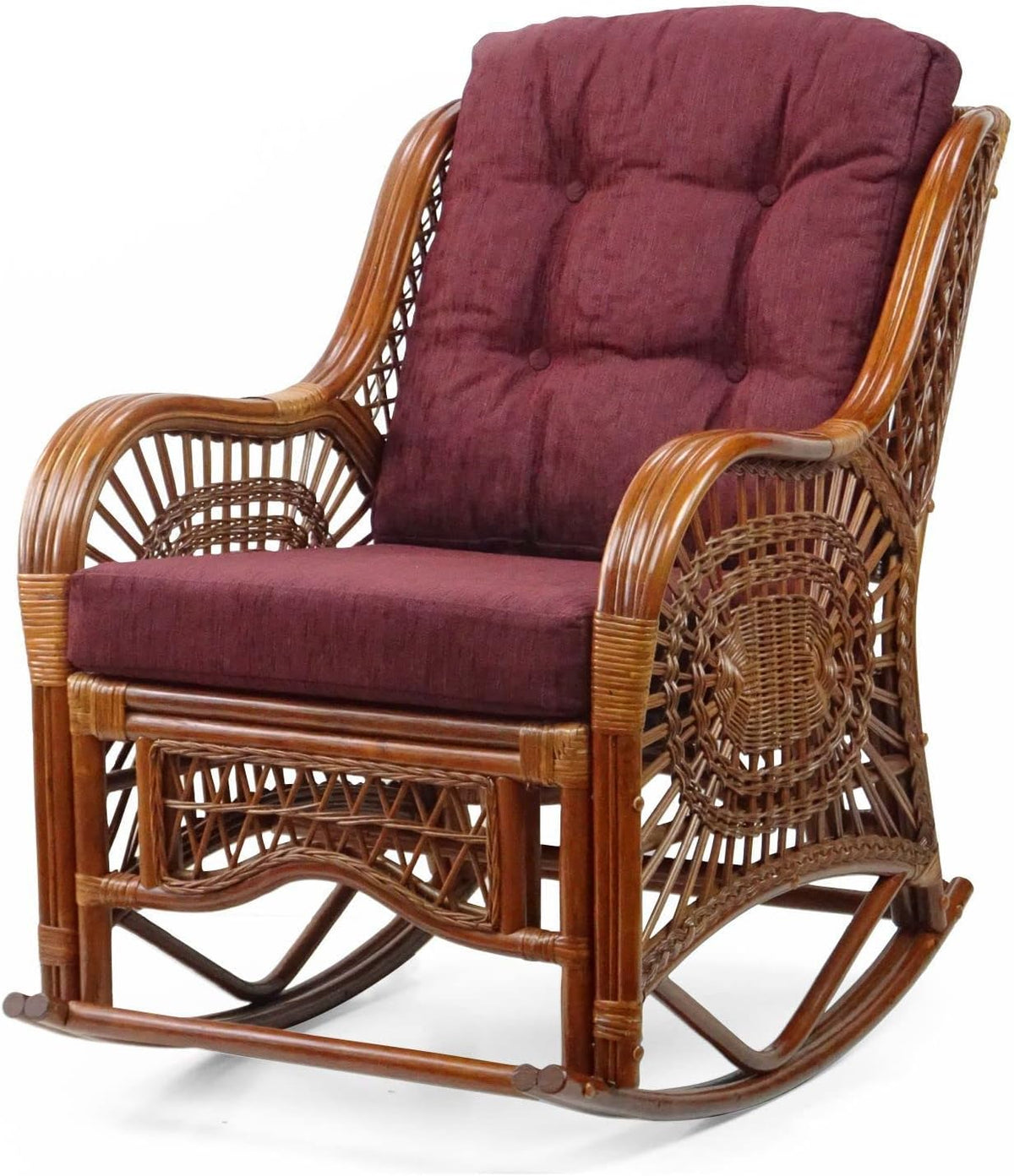 Natural Rattan Set of 2 Rocking Lounge Chairs with Dark Brown Cushions and Round Coffee Table with Glass D868743