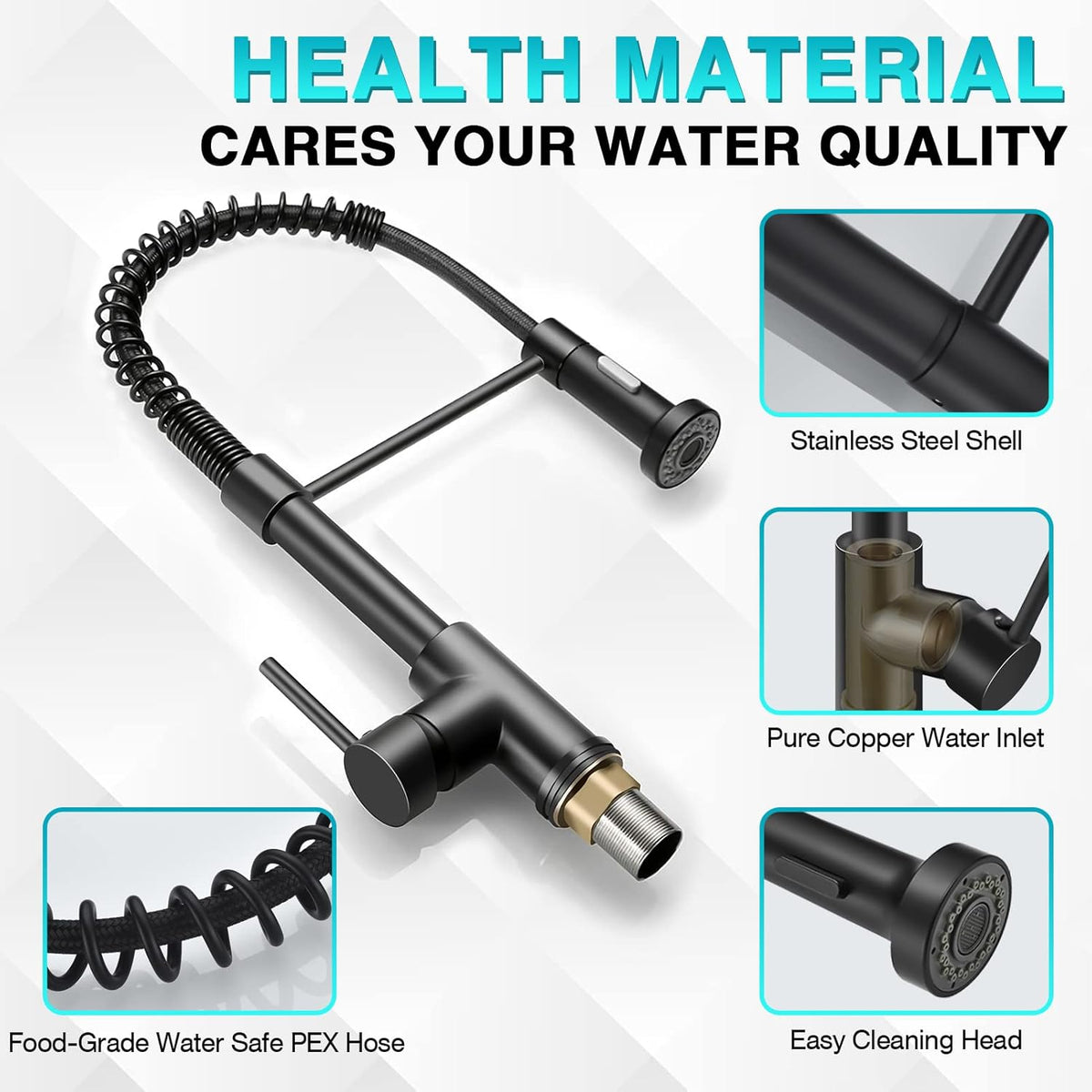 Matte Black 304 Stainless Steel Single Handle Spring Kitchen Sink Faucet with Pull Down Sprayer N425
