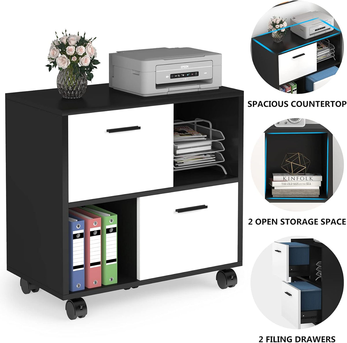 Black & White 2 Drawer Mobile File Cabinet with Wheels M6110