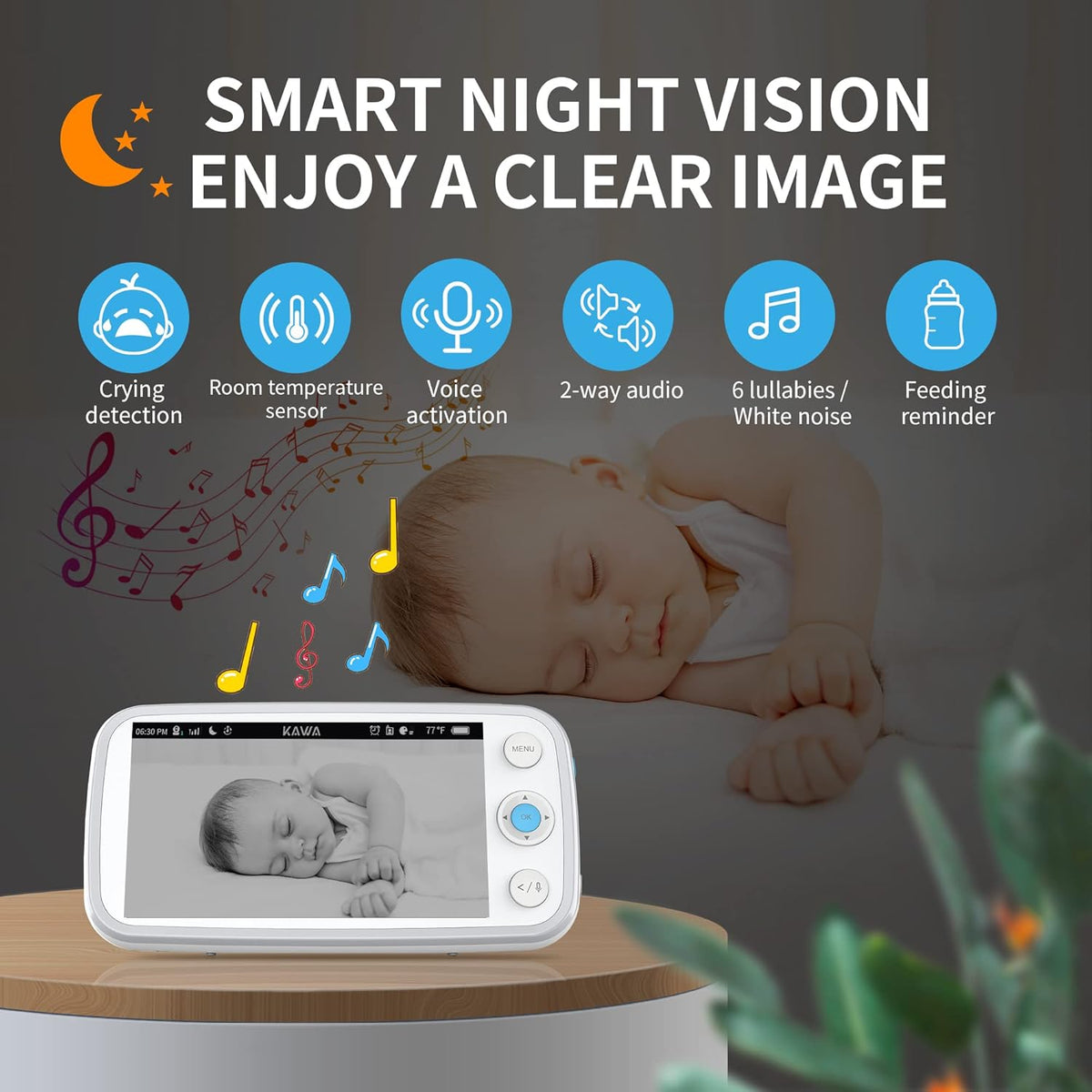 Baby Monitor with Camera and Audio, 720P HD Display, Night Vision, 2-Way Audio A38867