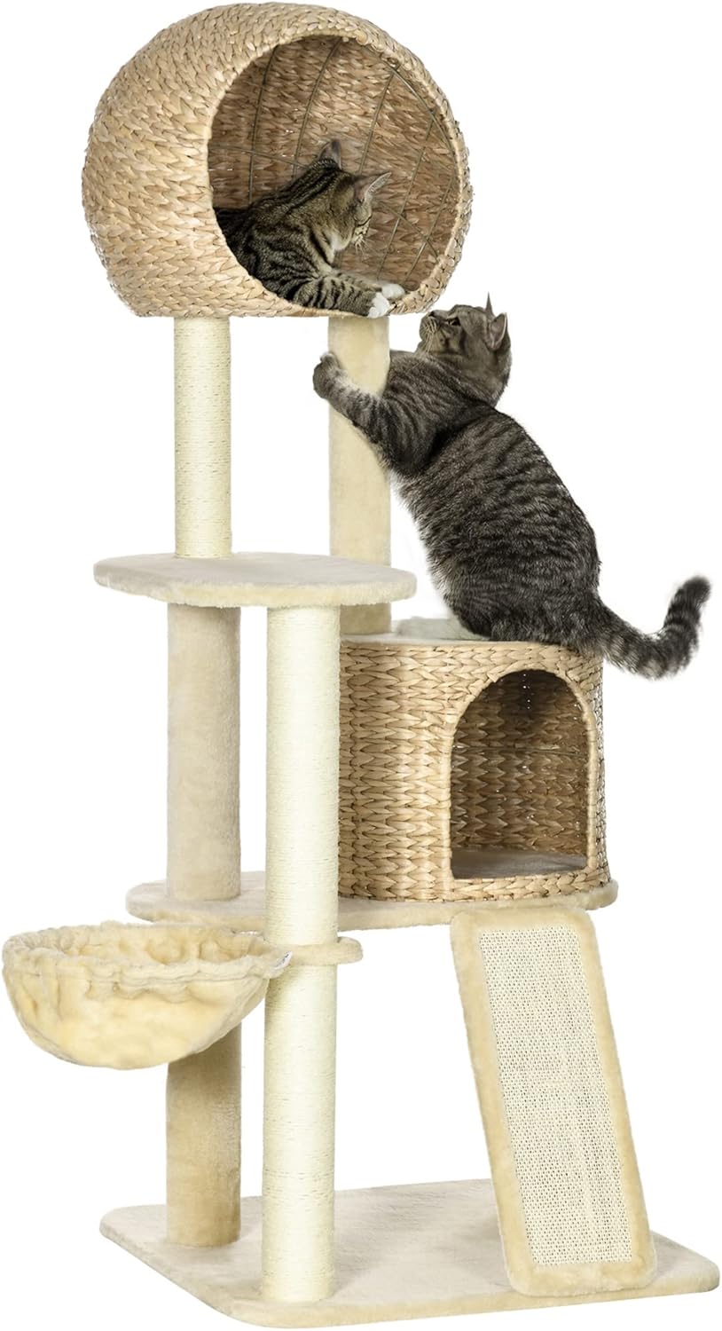 Beige Cat Tree with Cat Condo, Hammock, Perches, Scratching Posts, Ramp L95383