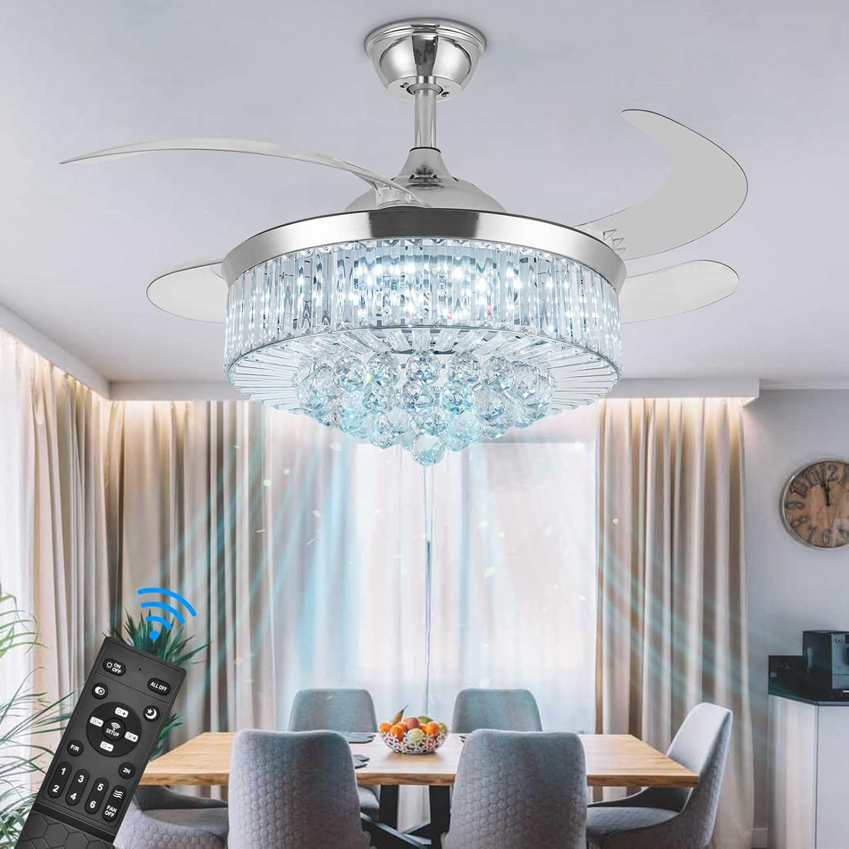 36 Inch Crystal Ceiling Fan with Lights, Remote Control Retractable Invisible Blades G394