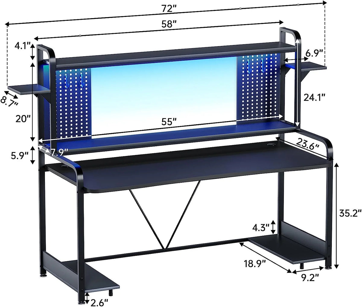 55" Gaming Desk with Hutch, Shelves, LED Lights, Pegboard and Monitor Shelf, Black B14768