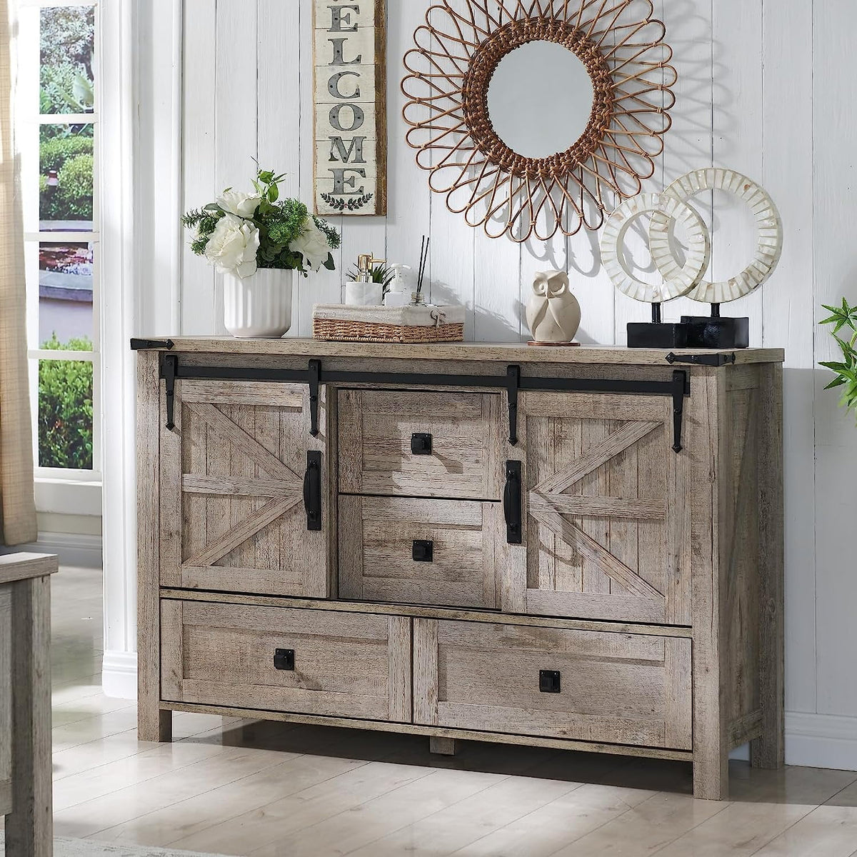 White 4 Drawer Dresser with Barn Door D97191