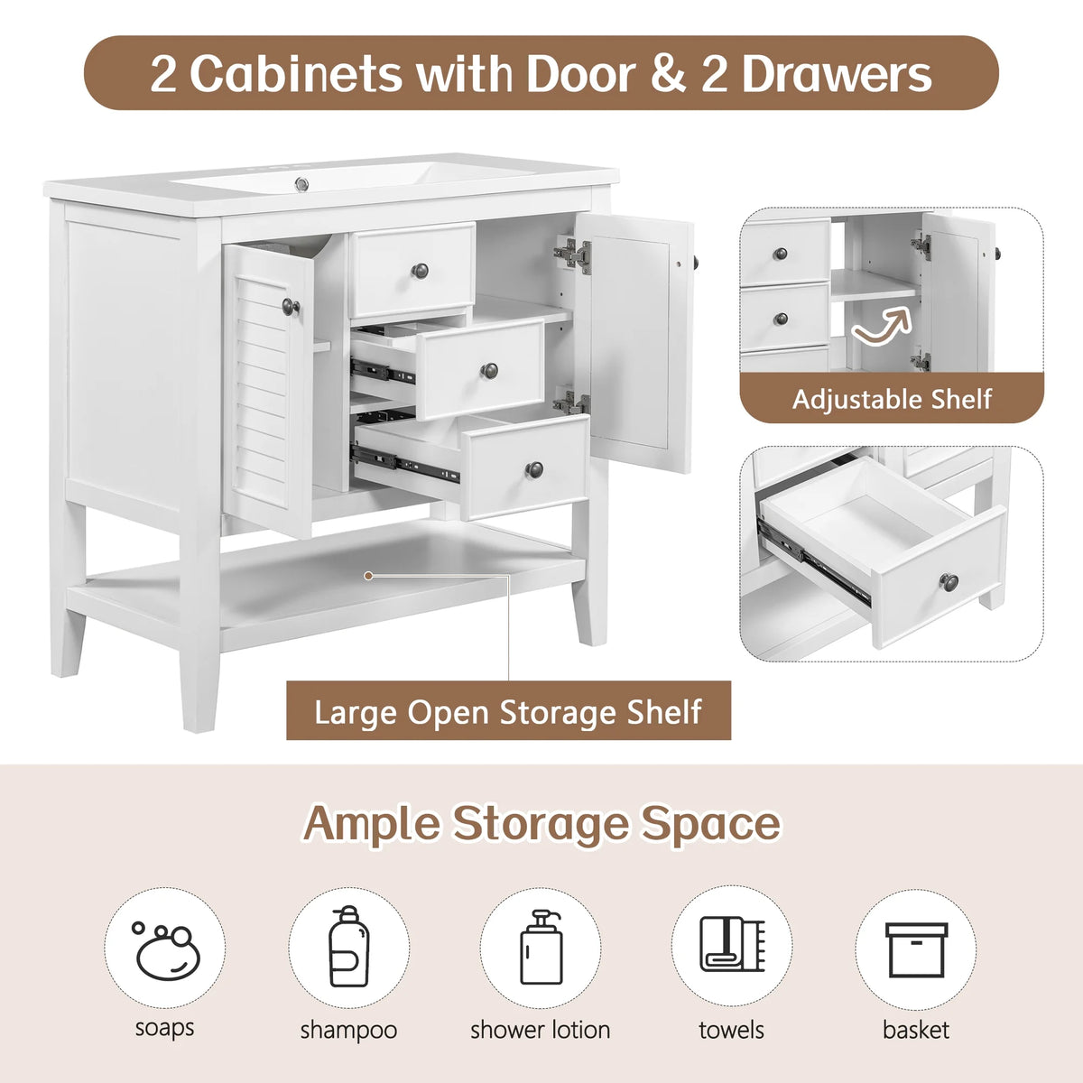 36" White Bathroom Vanity with Ceramic Basin Y76835