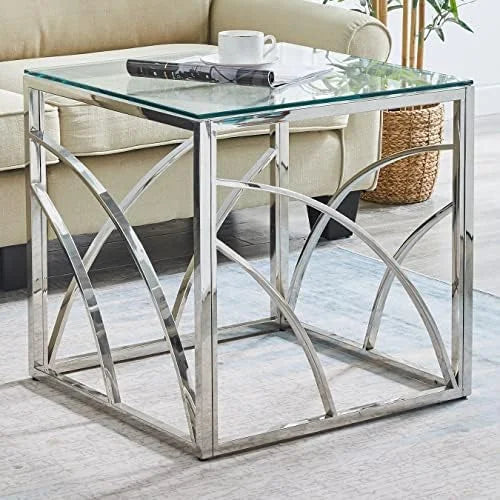 Glass End Table Set of 1 Square Tempered Glass Stainless Steel Side Table L186787