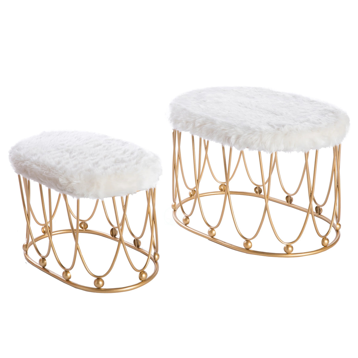 Gold Metal Side Accent Table Stools with White Fur Top Seat G455