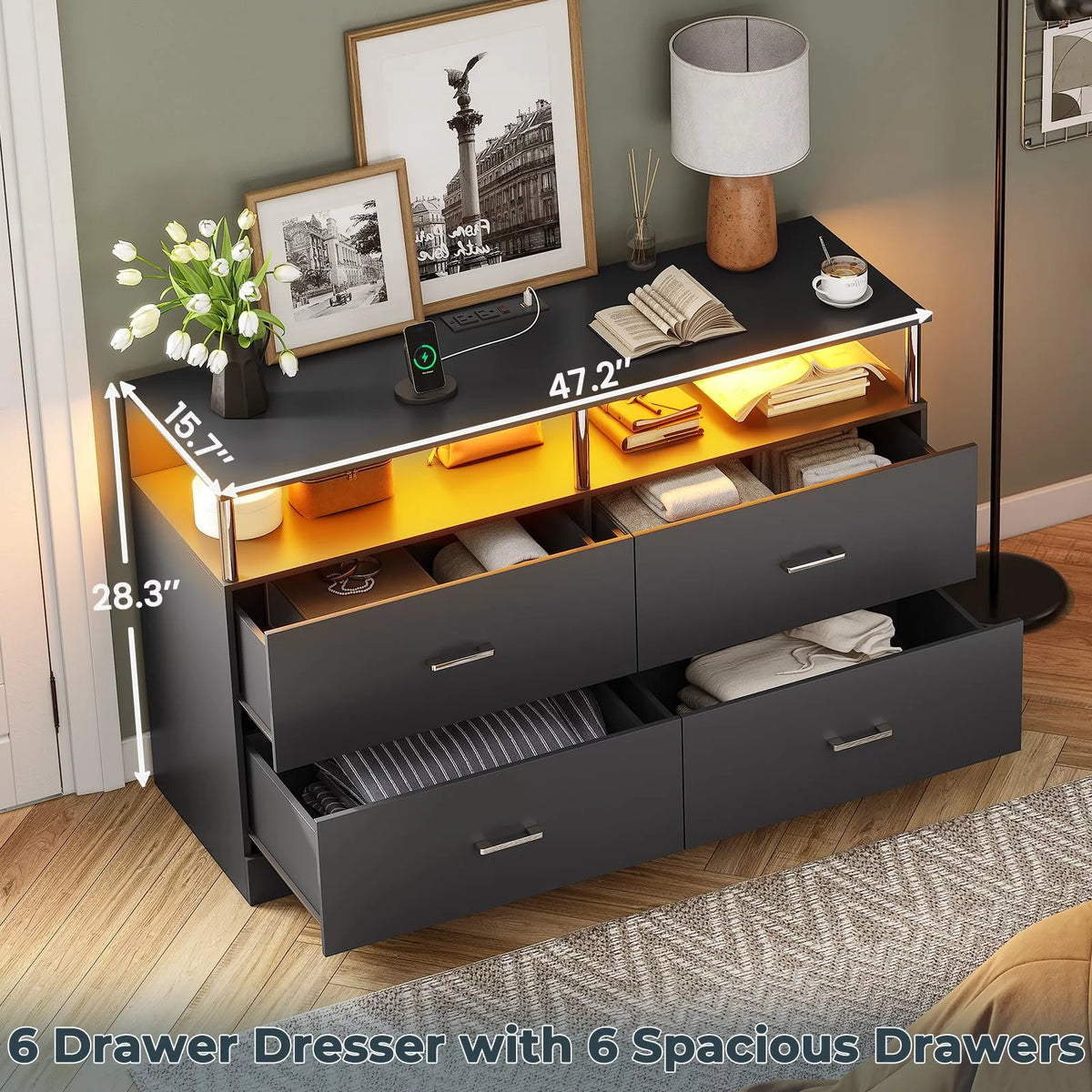 Black 6 Drawer Dresser with Charging Station and LED Light S149576