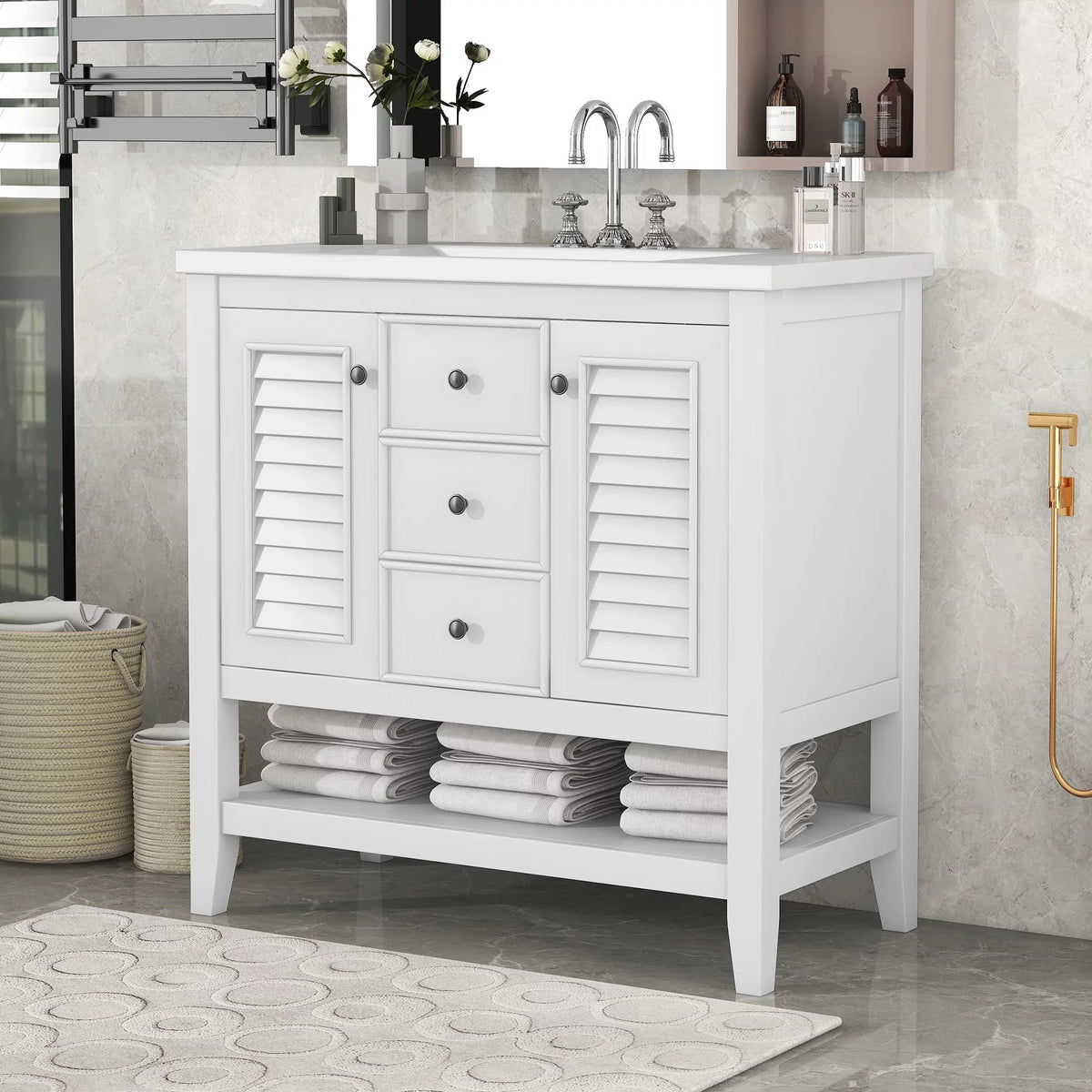 36" White Bathroom Vanity with Ceramic Basin Y76835