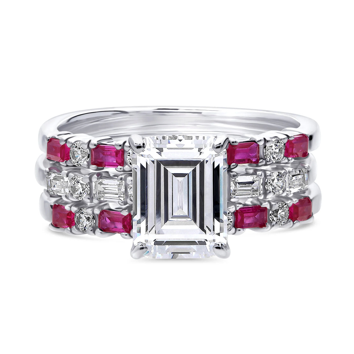 Sterling Silver Emerald Cut Cubic Zirconia Art Deco Ring Set, Rhodium Plated Size 10 B931624