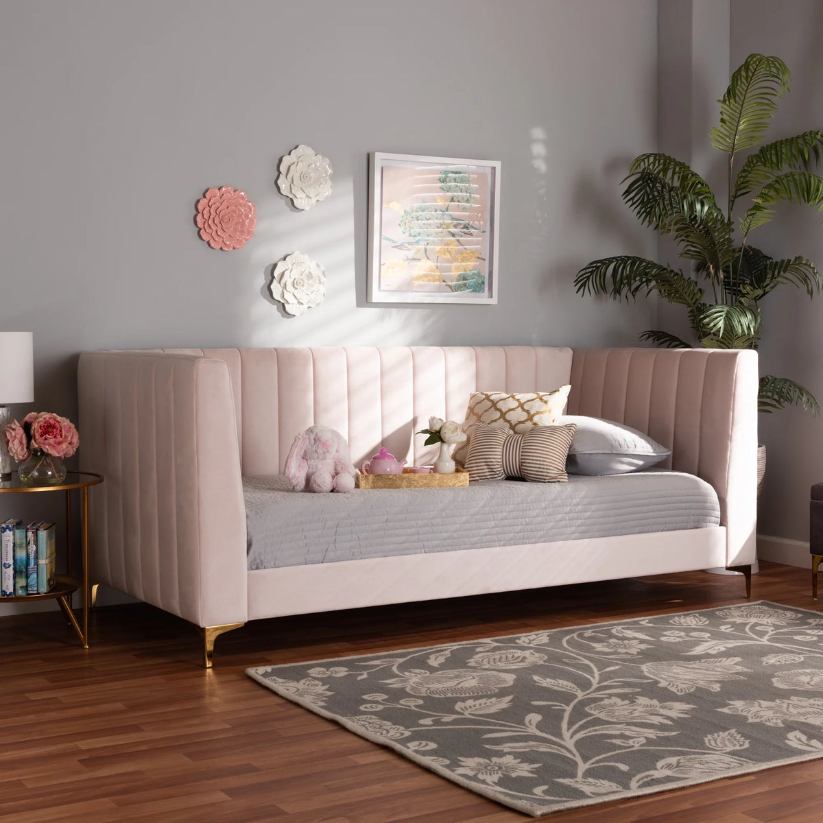 Light Pink Velvet Upholstered Gold Finished Twin Daybed O55200
