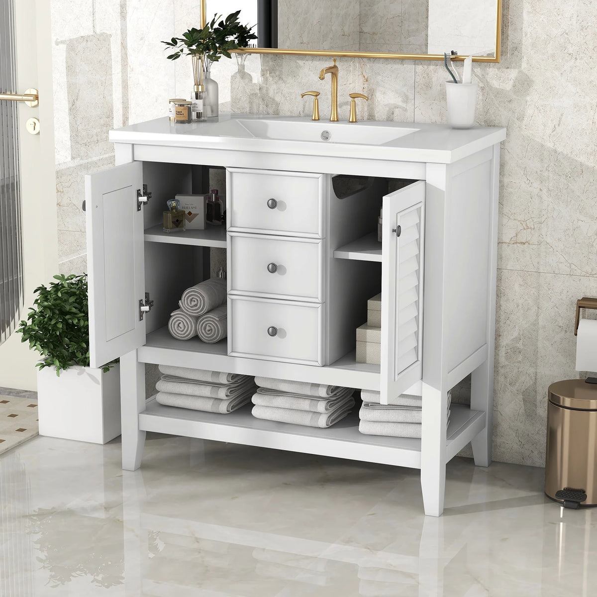 36" White Bathroom Vanity with Ceramic Basin Y76835