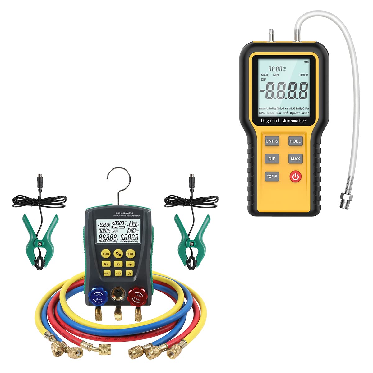 Dual-Port Manometer Gas Pressure Tester, Digital Manifold Gauge Set with Hoses D5750