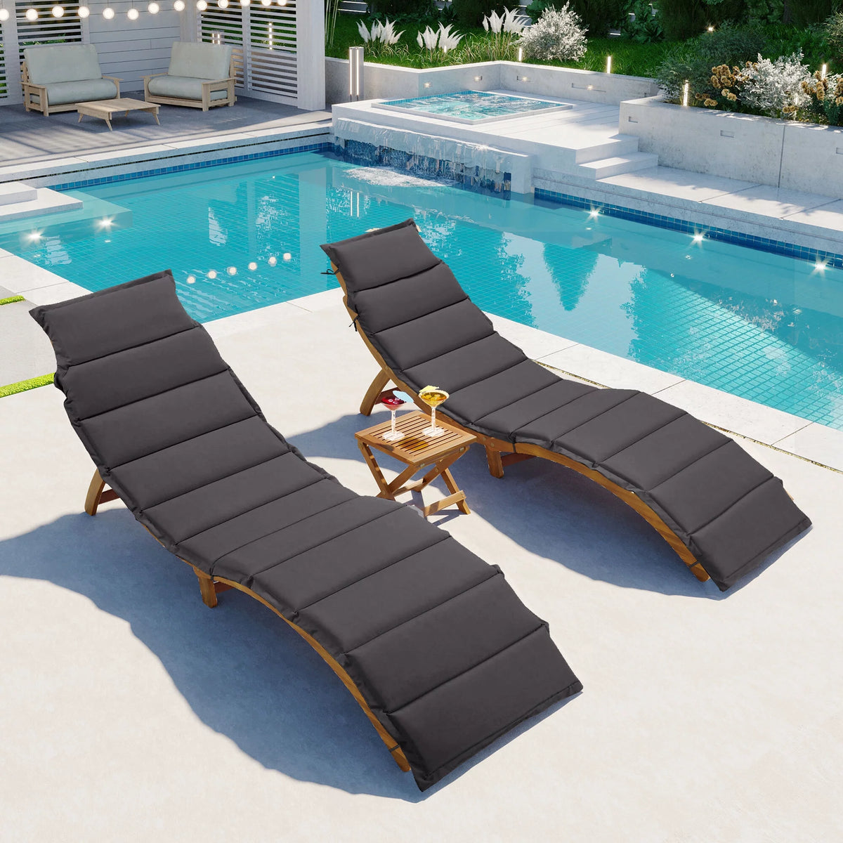 Wood Portable Extended Chaise Lounge Set with Foldable Tea Table L54708