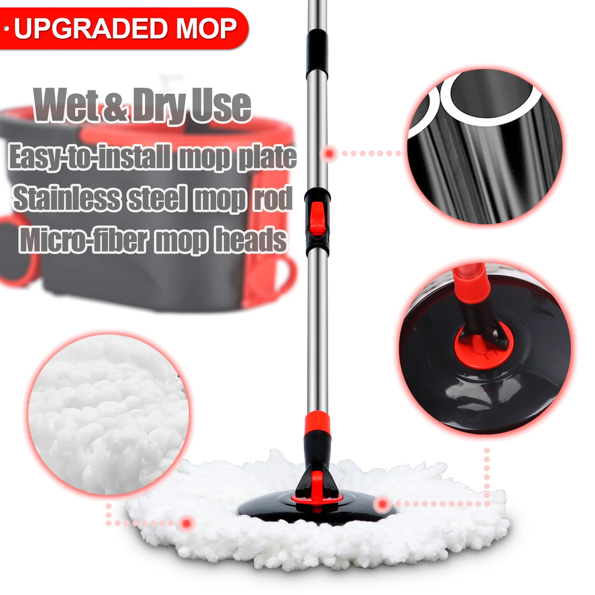 360° Spin Mop Bucket with Wringer, 3 Microfiber Mop Heads U29952