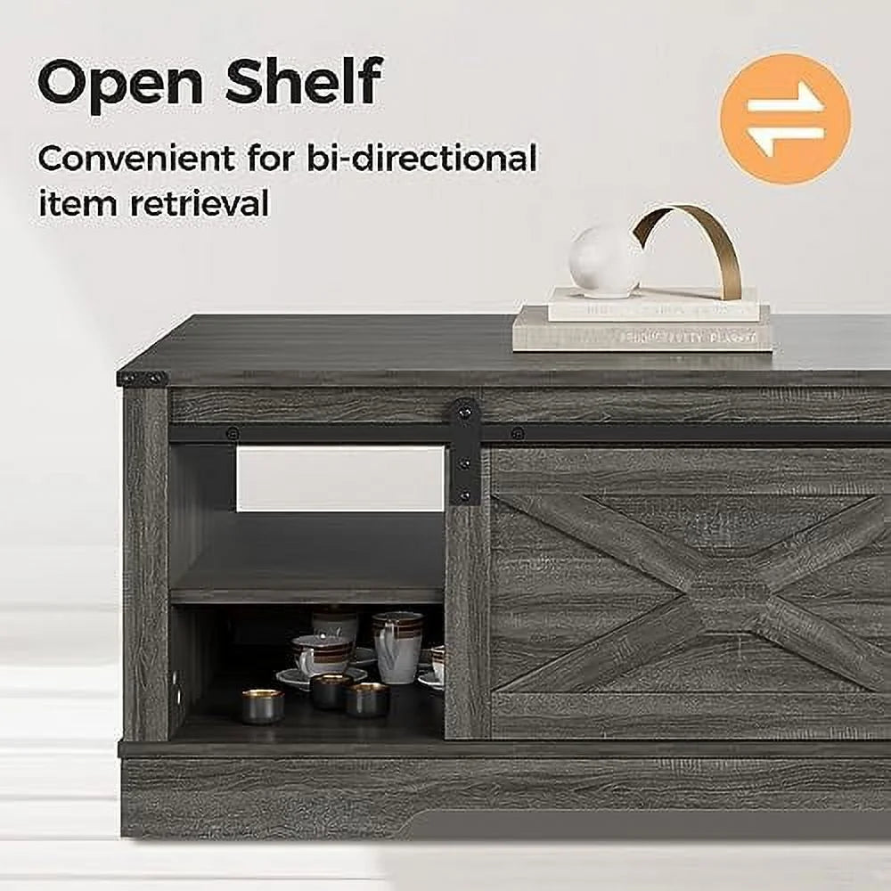Dark Grey 48'' Rustic Coffee Table with Sliding Barn Door B141658