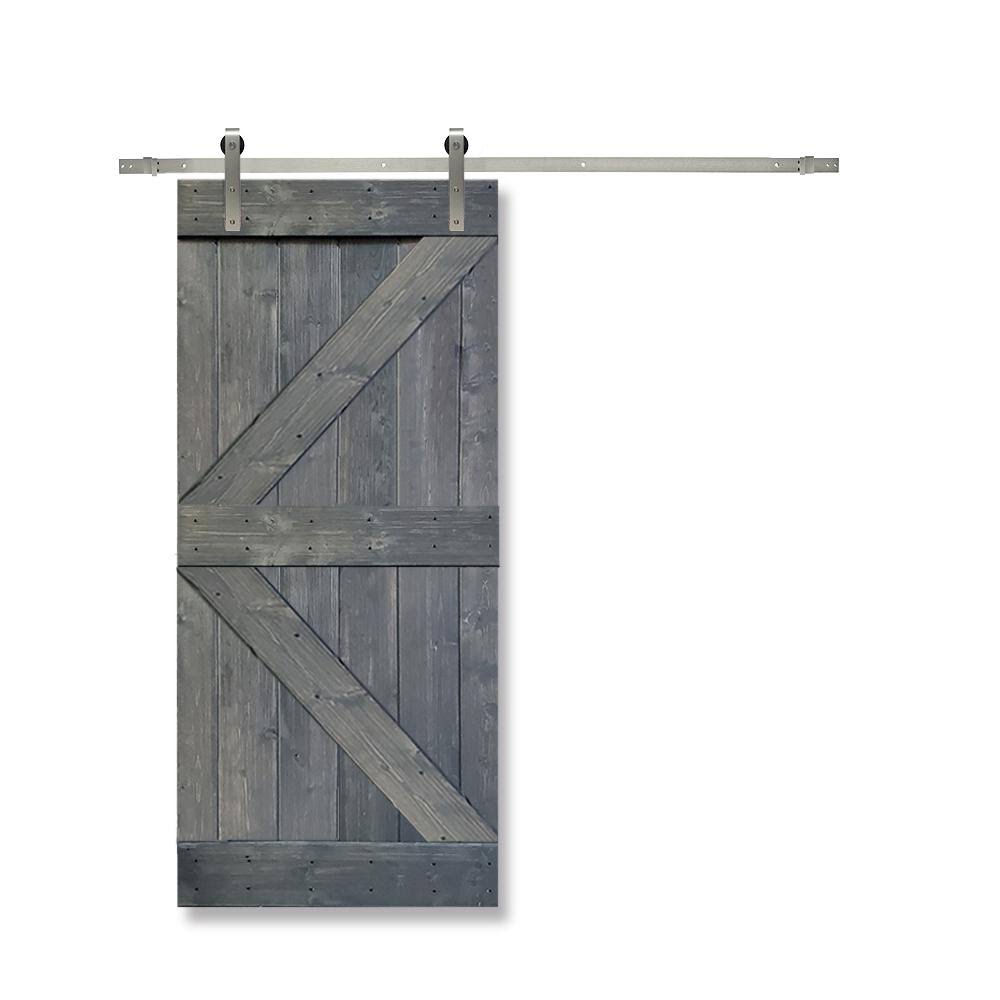 Gray Knotty Pine Wood Interior Sliding Barn Door with Stainless Steel Hardware Kit M65261